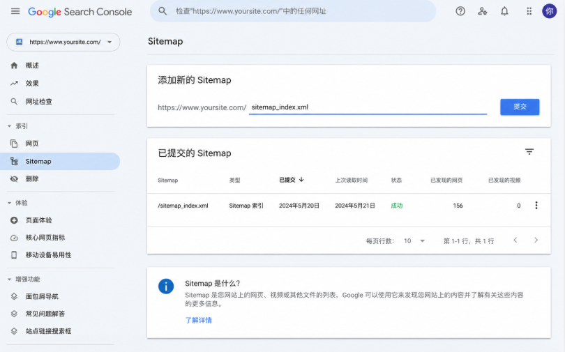 Google Search Console网站地图提交页面展示Sitemap提交状态
