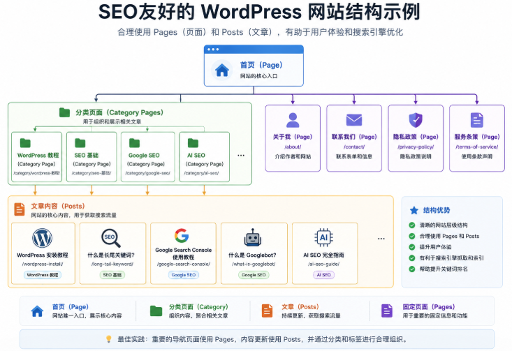WordPress website structure showing Pages Posts categories and SEO content organization
