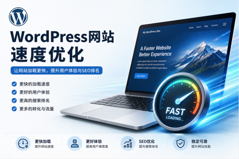 WordPress网站速度优化示意图,展示网站加速、缓存优化与SEO排名提升