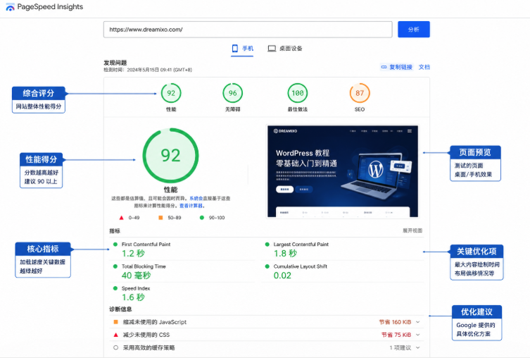 Google PageSpeed Insights网站测速报告示意图