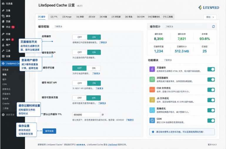 LiteSpeed Cache插件设置界面与WordPress缓存优化示意图