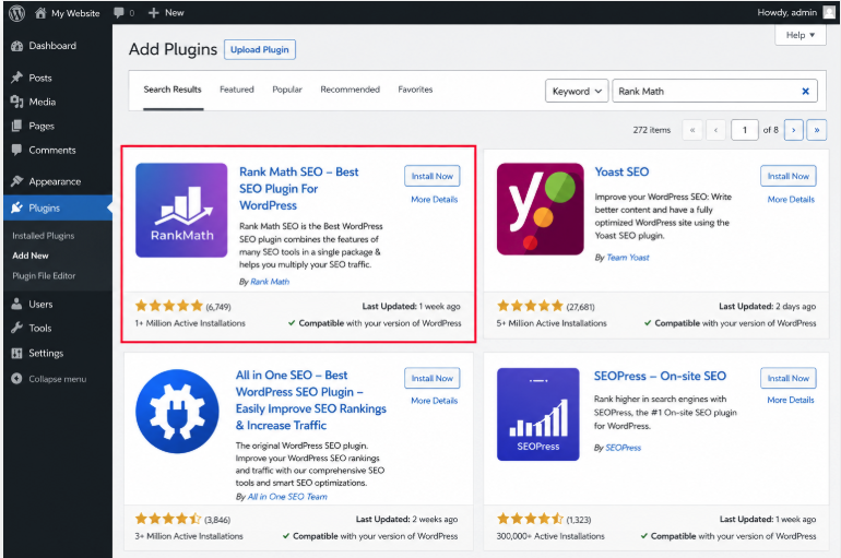 Rank Math WordPress SEO plugin installation screen