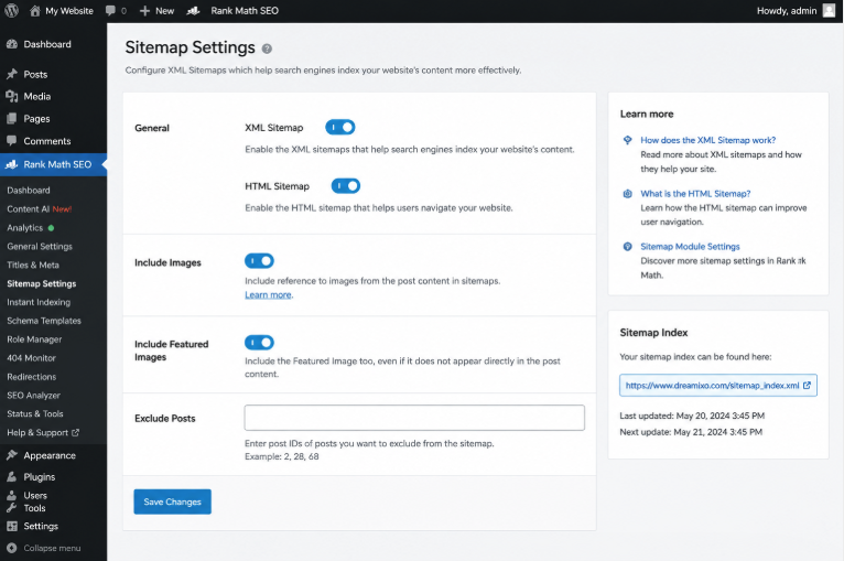 Rank Math sitemap settings in WordPress