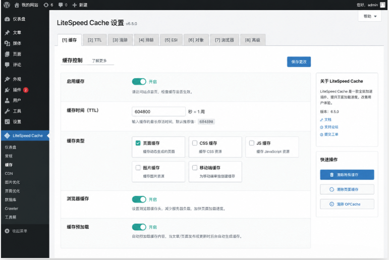 LiteSpeed Cache缓存插件后台设置界面用于WordPress网站加速优化