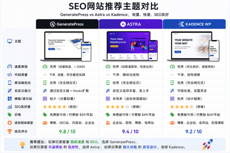 GeneratePress Astra Kadence主题对比图