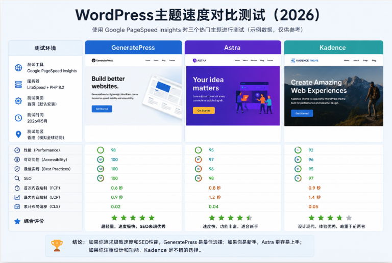 WordPress theme speed comparison GeneratePress Astra and Kadence