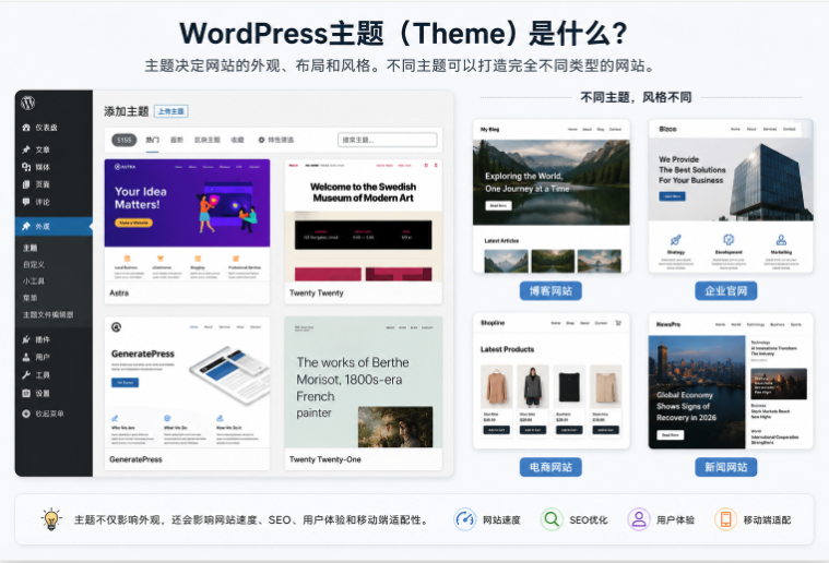 WordPress主题示例展示不同网站布局设计和页面风格