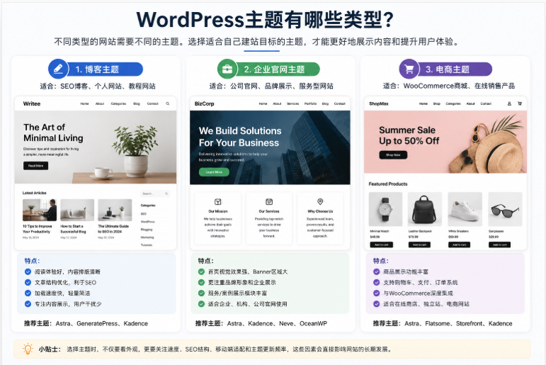 WordPress主题类型对比包括博客主题企业主题电商主题和新闻主题