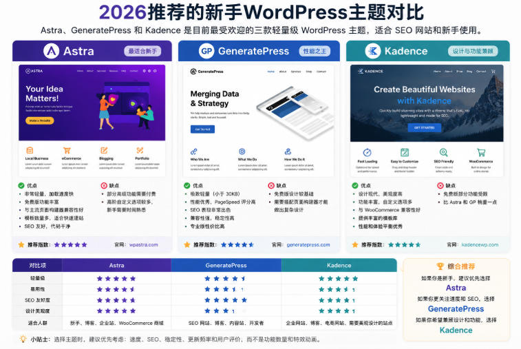 Astra GeneratePress和Kadence主题对比适合SEO网站的WordPress主题推荐