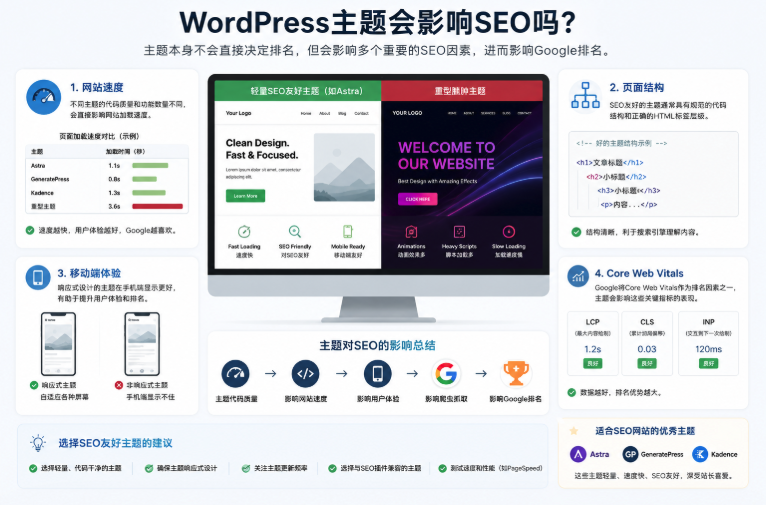 WordPress主题对SEO的影响包括网站速度移动端体验和Core Web Vitals优化