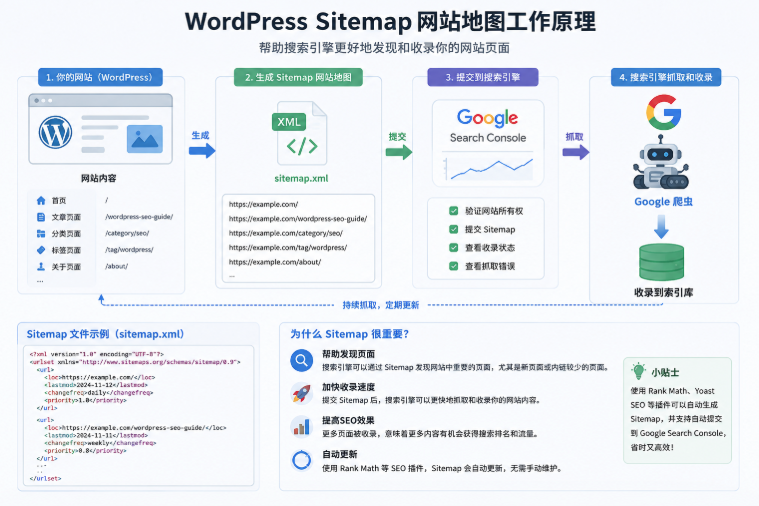 WordPress Sitemap网站地图工作原理示意图,展示网站页面生成XML Sitemap并提交Google Search Console后被Google爬虫抓取和收录的完整流程