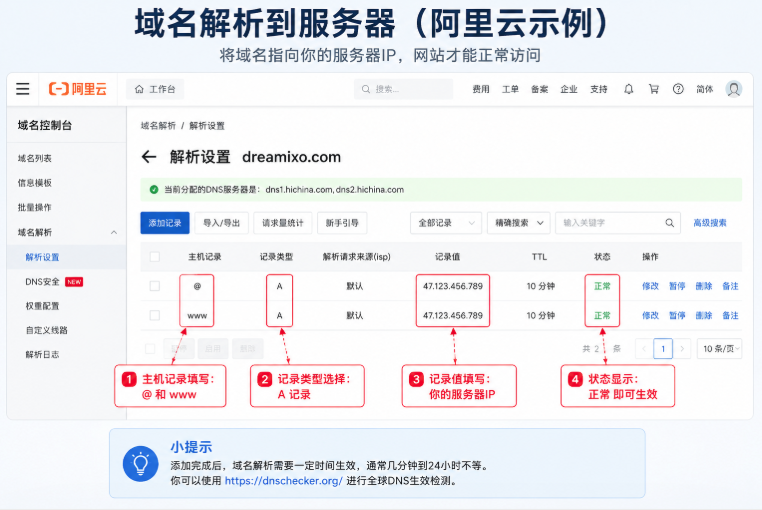 阿里云域名解析A记录配置教程将域名绑定到服务器IP