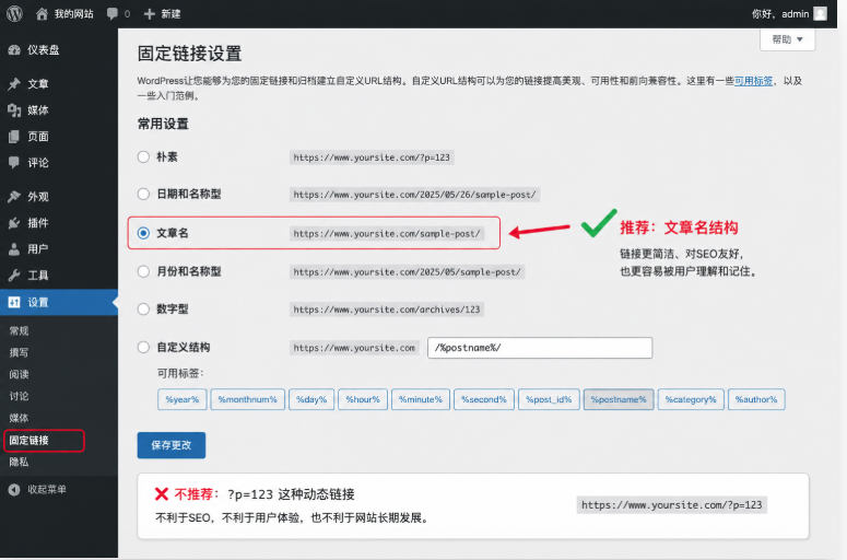 WordPress固定链接设置页面,推荐使用文章名结构提升SEO效果