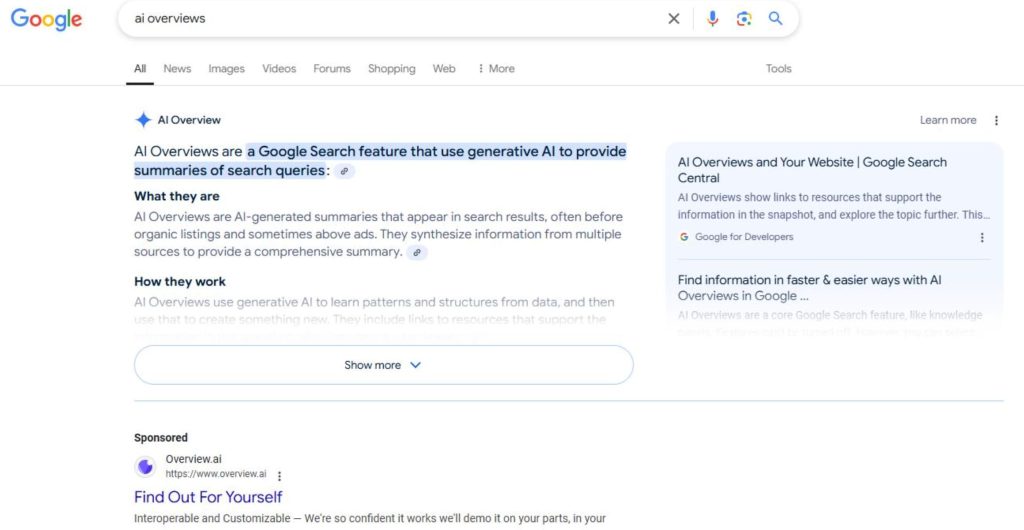 Google AI Overviews搜索结果示例