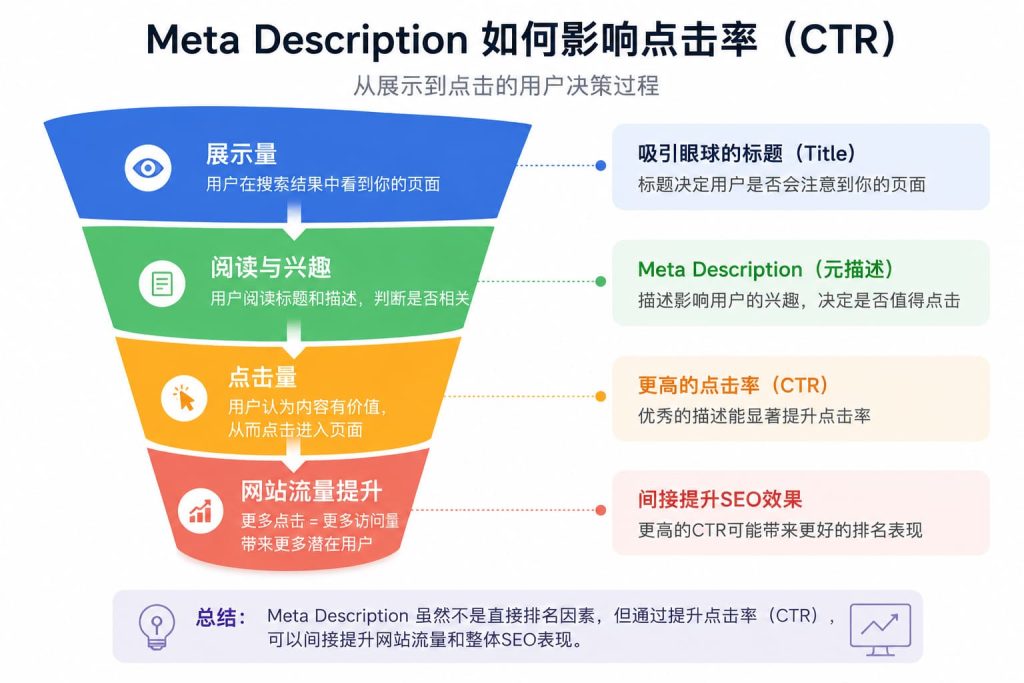 Meta Description如何影响点击率CTR,展示量到点击量的用户决策漏斗图