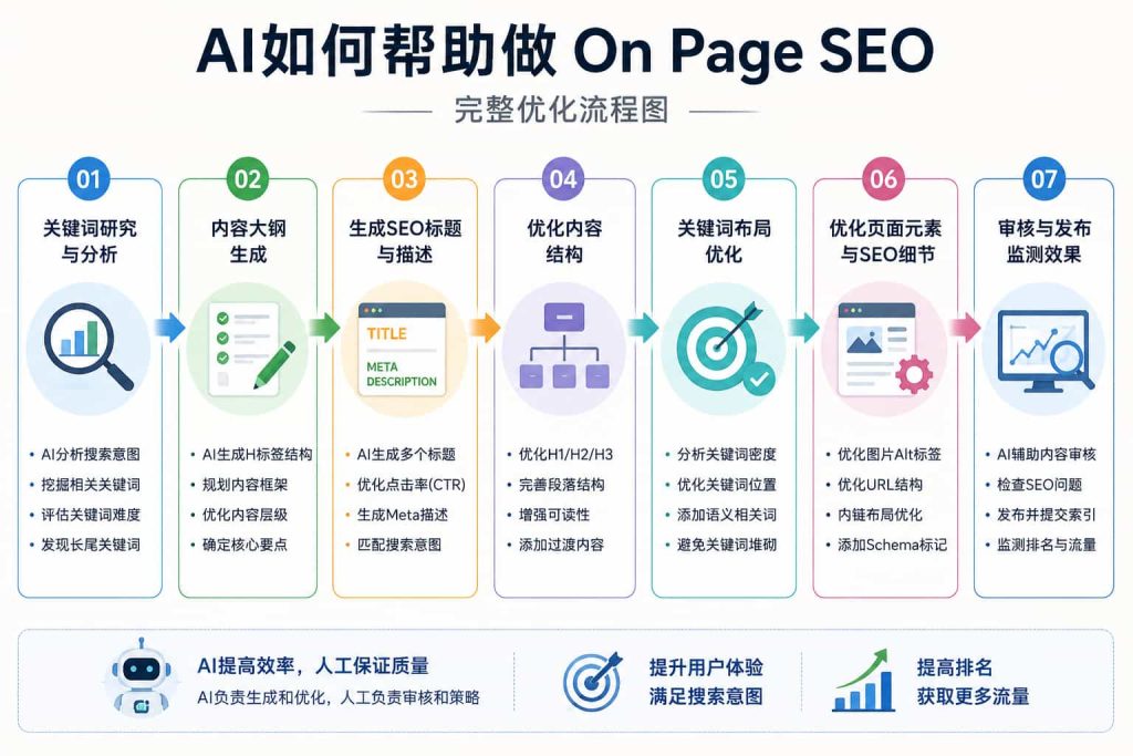 AI如何帮助做On Page SEO完整优化流程图，包含关键词研究、SEO标题、Meta Description、内容结构、关键词布局、页面优化和发布监测等步骤。