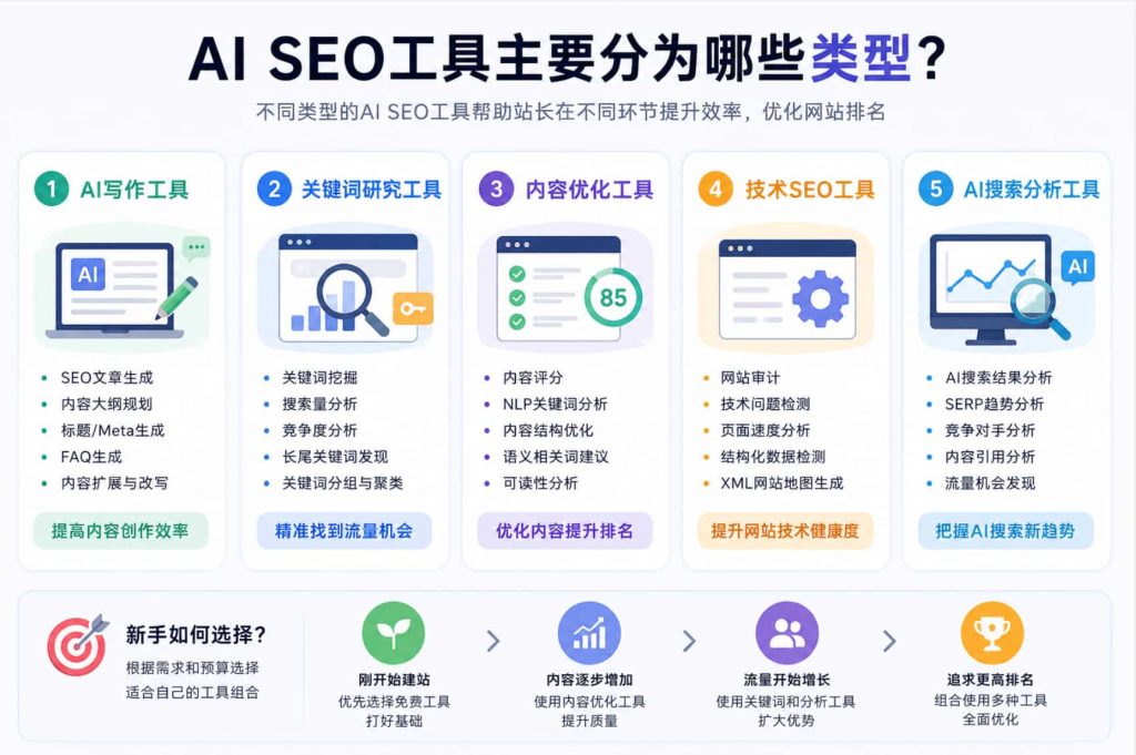 Different categories of AI SEO tools for keyword research and content optimization