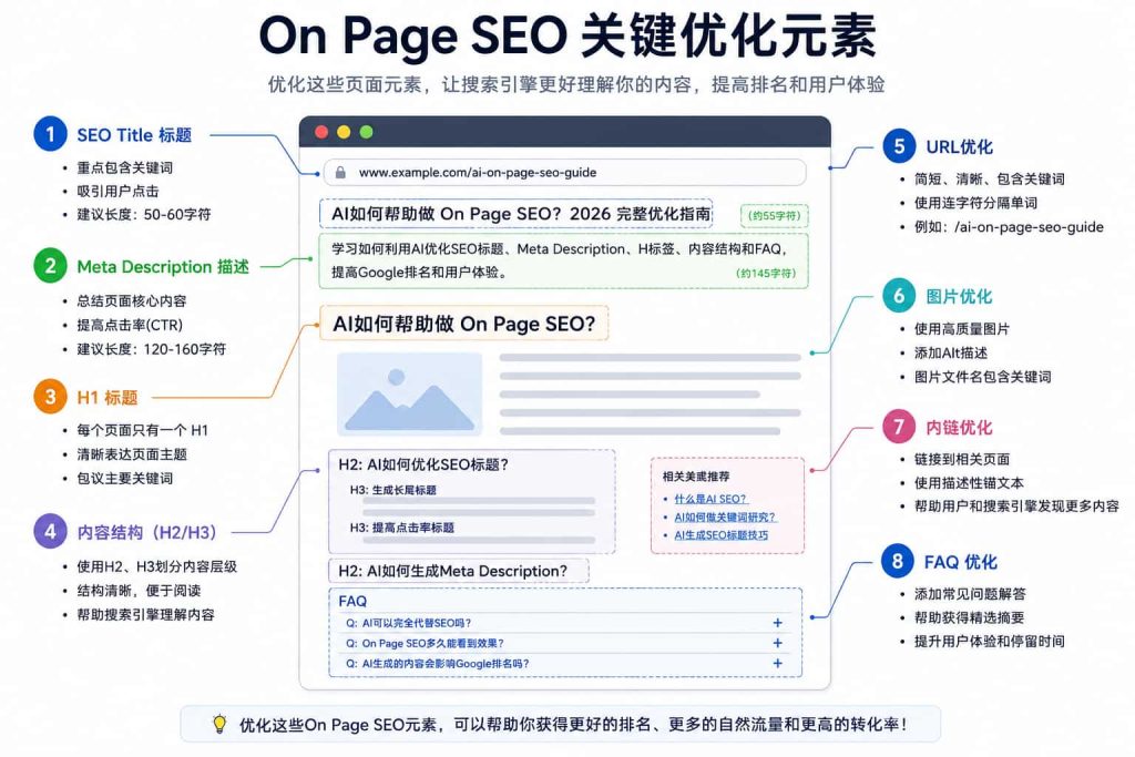 On Page SEO关键优化元素示意图，展示SEO标题、Meta Description、H1标签、H2和H3标题、URL优化、图片Alt、内链和FAQ等页面优化组成部分。