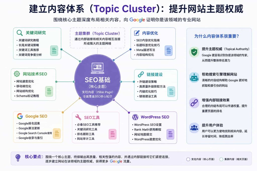 SEO主题集群与Topic Authority内容体系结构图
