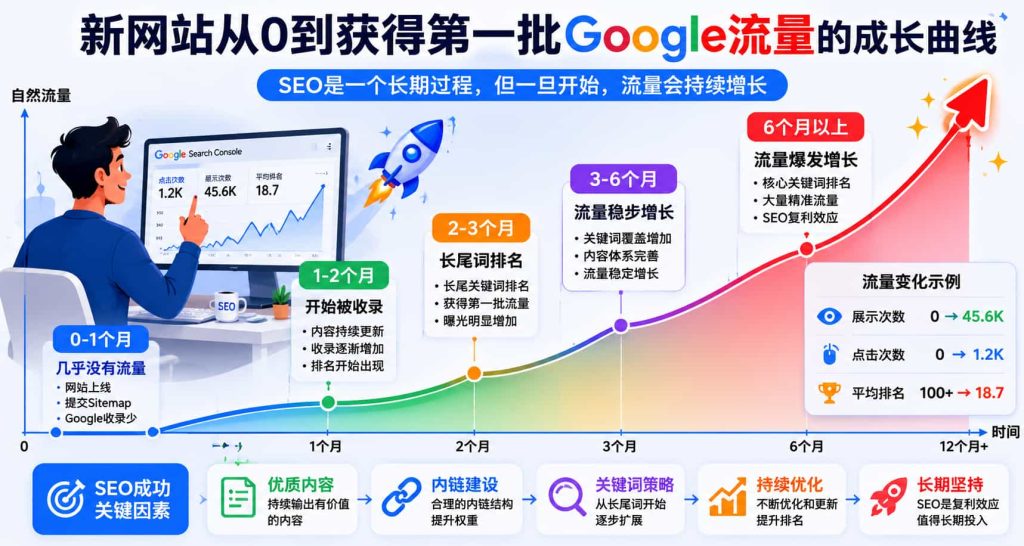 新网站如何获取第一批Google流量增长趋势示意图
