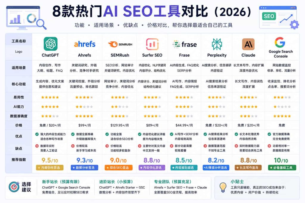 Best AI SEO tools comparison chart for beginners in 2026