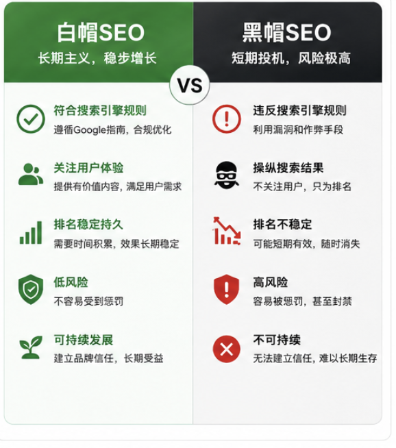 白帽SEO和黑帽SEO的对比图