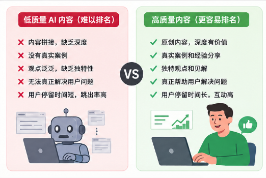 低质量AI内容与高质量原创内容的SEO排名对比示意图