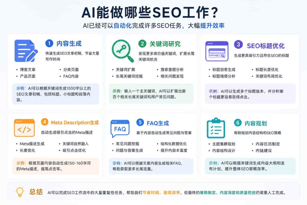Tasks that AI can automate in SEO including content writing keyword research and meta optimization