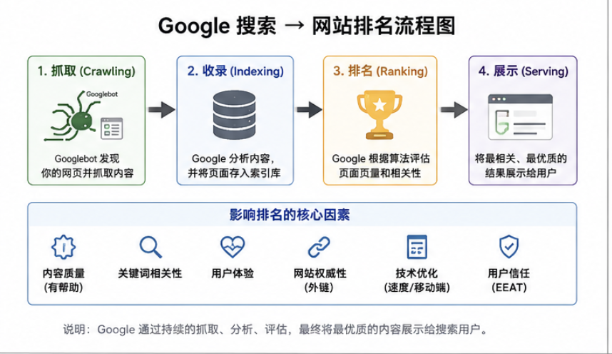 Google SEO工作原理流程图：抓取、收录、排名全过程