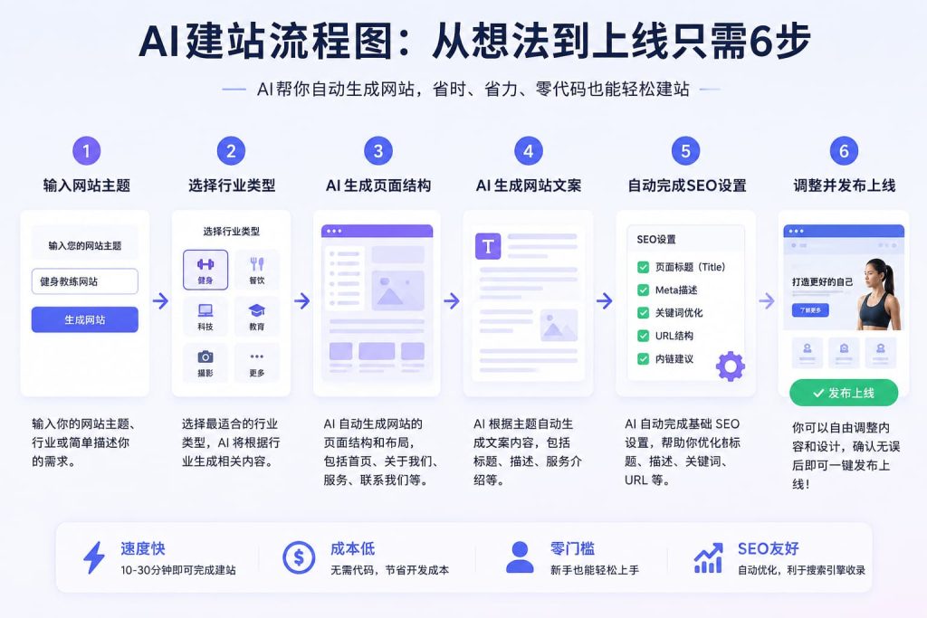 AI建站流程图展示从输入网站主题到自动生成网站并完成SEO优化的全过程