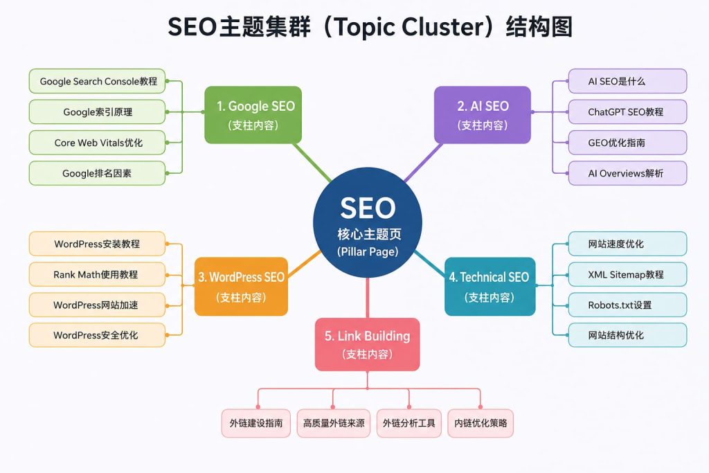 AI生成SEO内链策略的Topic Cluster主题集群结构示意图,展示SEO核心主题与Google SEO、AI SEO、WordPress SEO、Technical SEO和Link Building之间的内容关系。