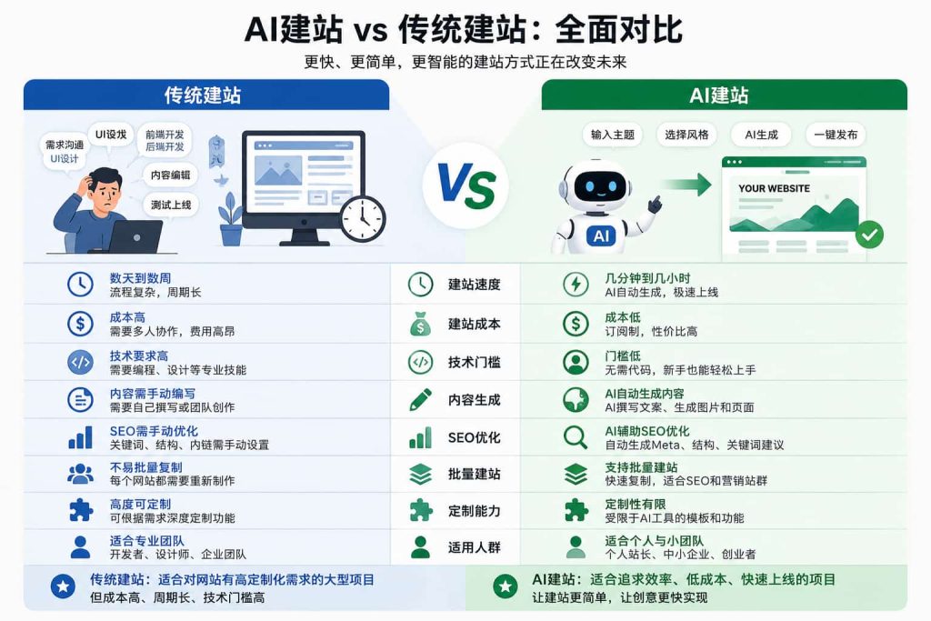 AI建站与传统建站对比图展示建站速度成本SEO优化和技术门槛差异