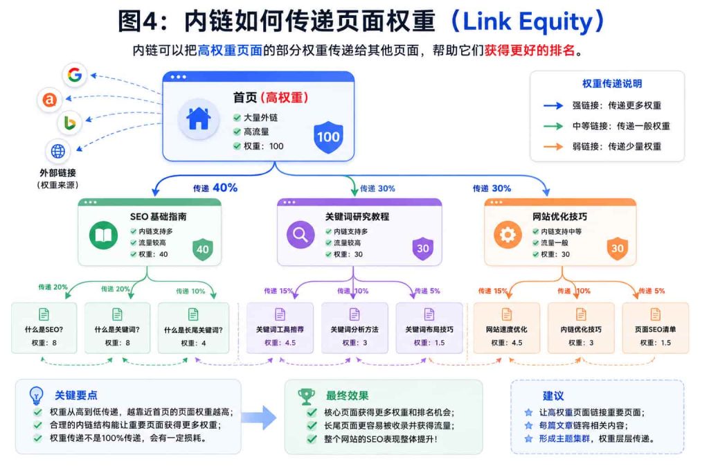 内链权重传递示意图,首页和高权重页面通过内部链接向相关文章传递SEO权重