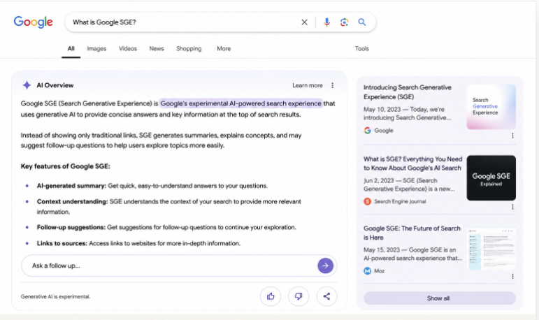 Google SGE AI Search Interface Showing AI Generated Search Results and Source Links