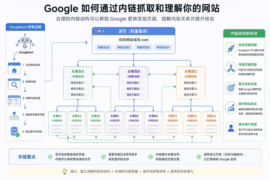 Google通过网站内链抓取和索引页面示意图,展示Googlebot如何发现新页面、传递页面权重并理解网站内容结构。