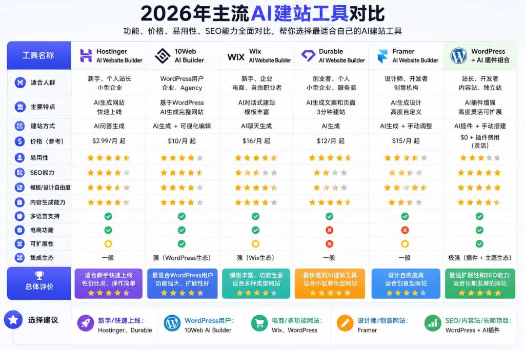 2026年主流AI建站工具对比图包括Hostinger Wix 10Web Durable和Framer AI