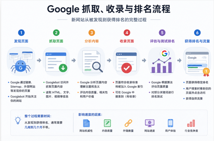 Google抓取与收录流程图:网站页面从发现、抓取、索引到获得排名的完整过程