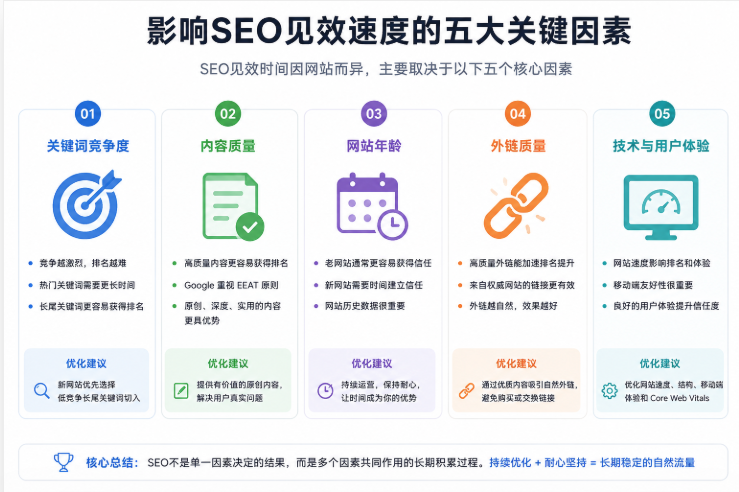 影响SEO见效速度的五大因素:内容质量、关键词竞争度、外链、网站年龄与技术优化