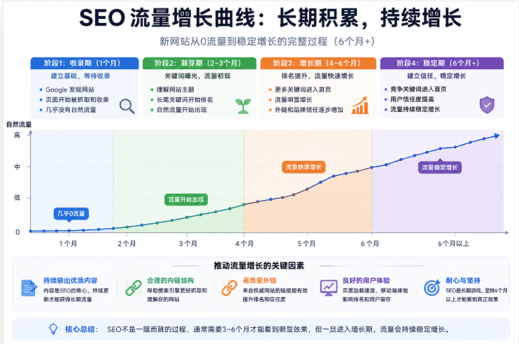 SEO流量增长曲线图:新网站从0流量到稳定增长的长期积累过程