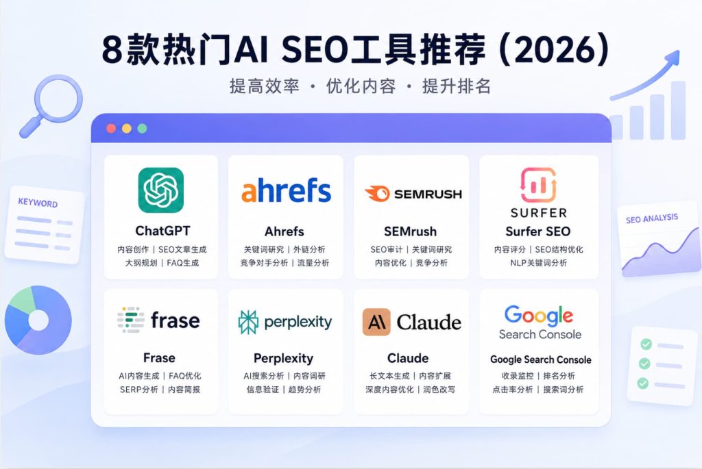 AI SEO tools dashboard including ChatGPT Ahrefs and SEMrush