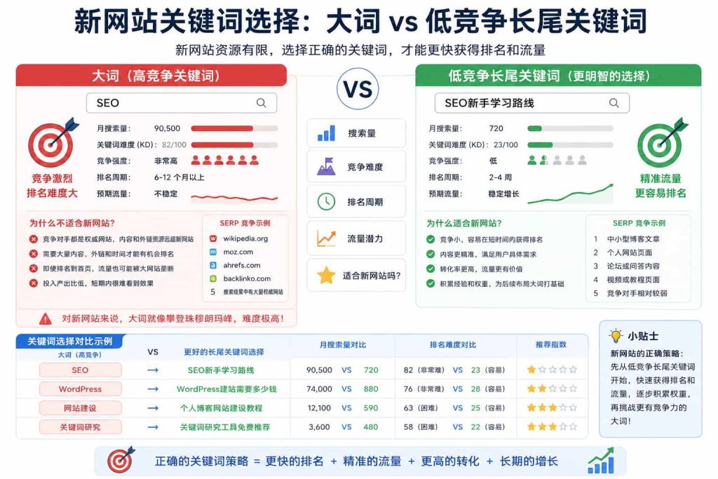 新网站SEO关键词选择:大词与低竞争长尾关键词对比