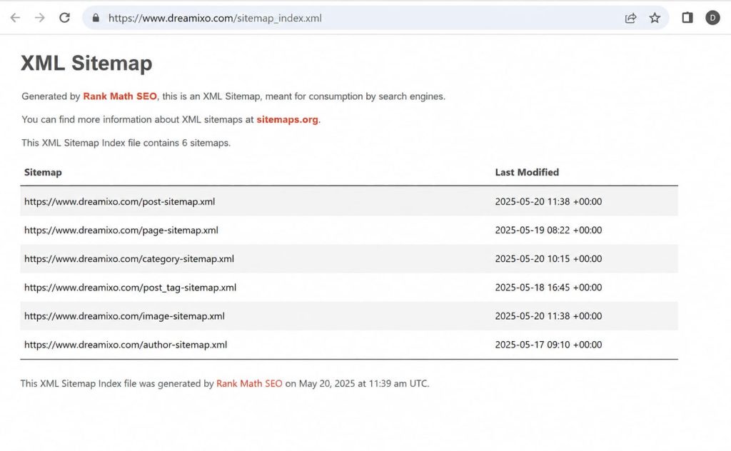 Dreamixo 网站 XML Sitemap Index 页面