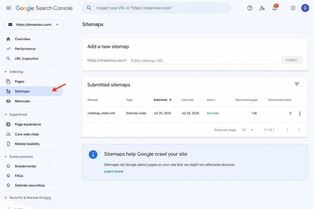 Google Search Console Sitemaps menu