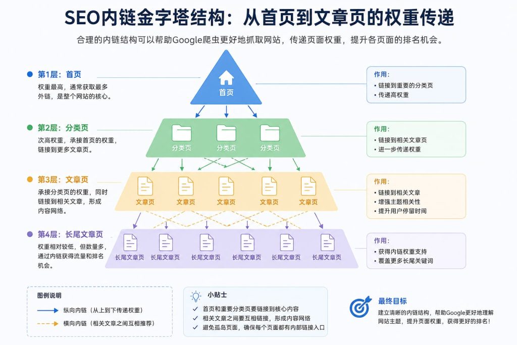 SEO内链金字塔结构示意图，展示首页、分类页、文章页和长尾内容之间的内部链接关系，以及网站权重逐层传递的SEO优化结构。