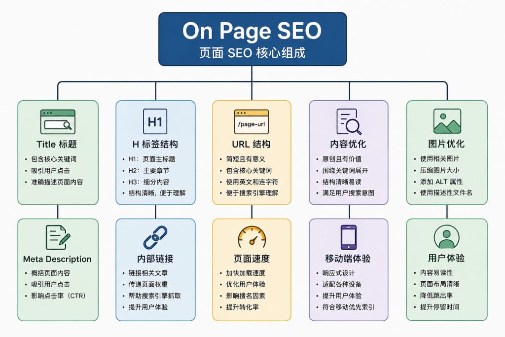 On Page SEO 核心组成,包括 Title、Meta Description、H 标签、URL、内容优化、图片优化、内链、页面速度、移动端体验和用户体验。