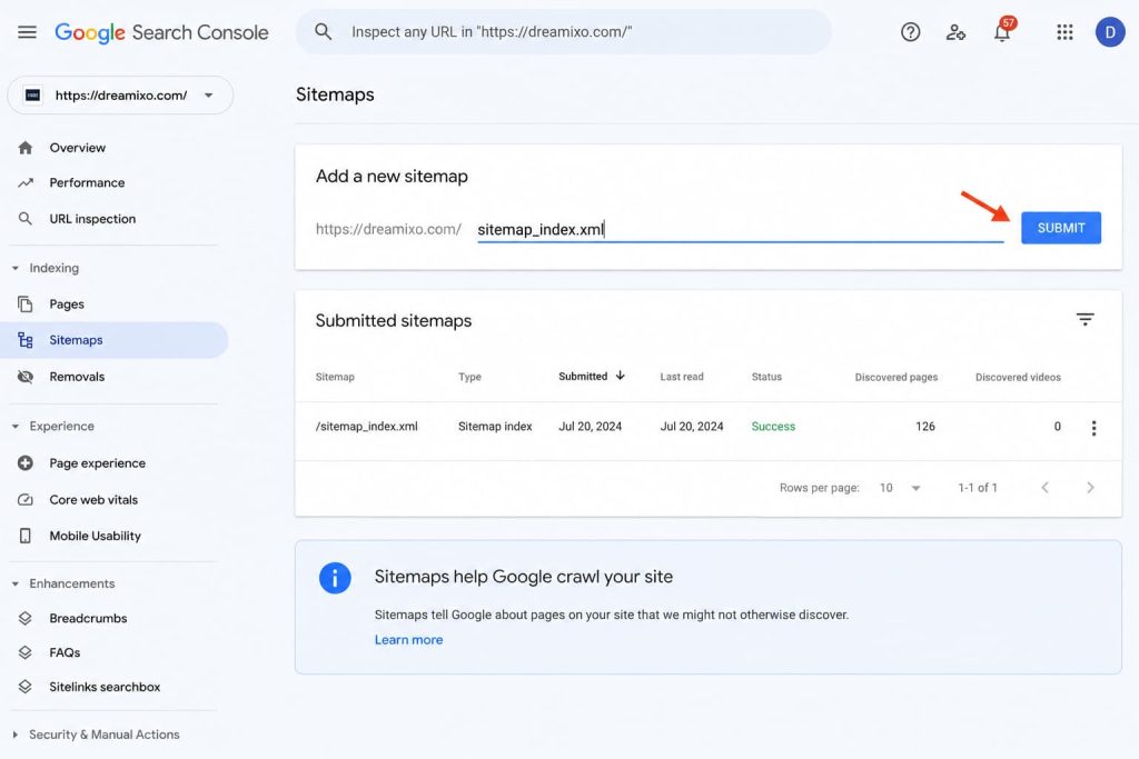 Submitting sitemap in Google Search Console