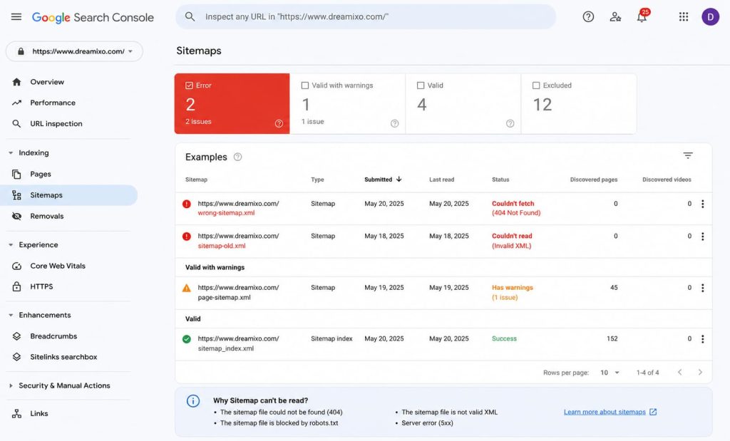 Google Search Console Sitemap 报错页面