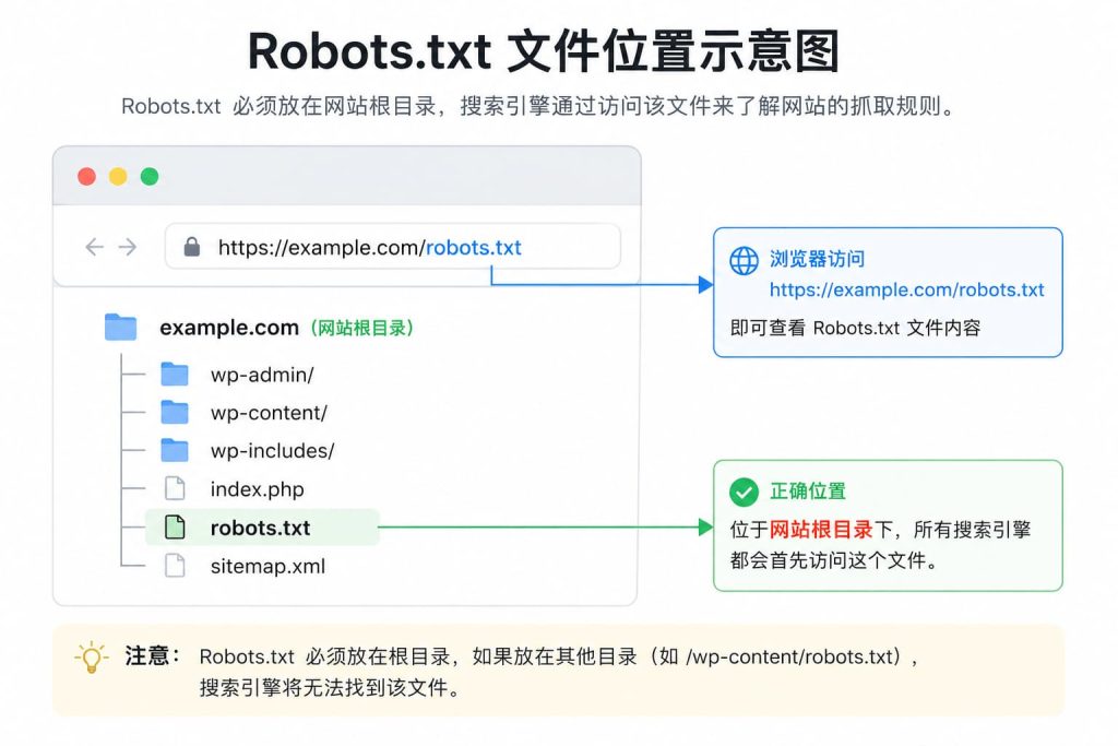  Robots.txt 文件位于网站根目录示意图