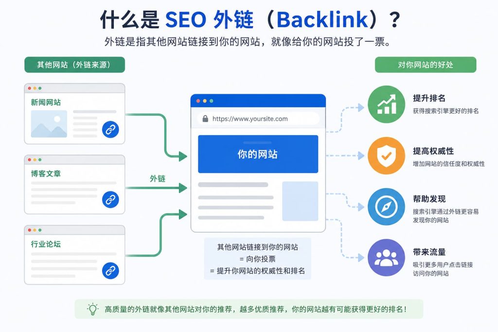 SEO外链（Backlink）示意图：其他网站链接到你的网站，帮助提升网站权威性和Google排名