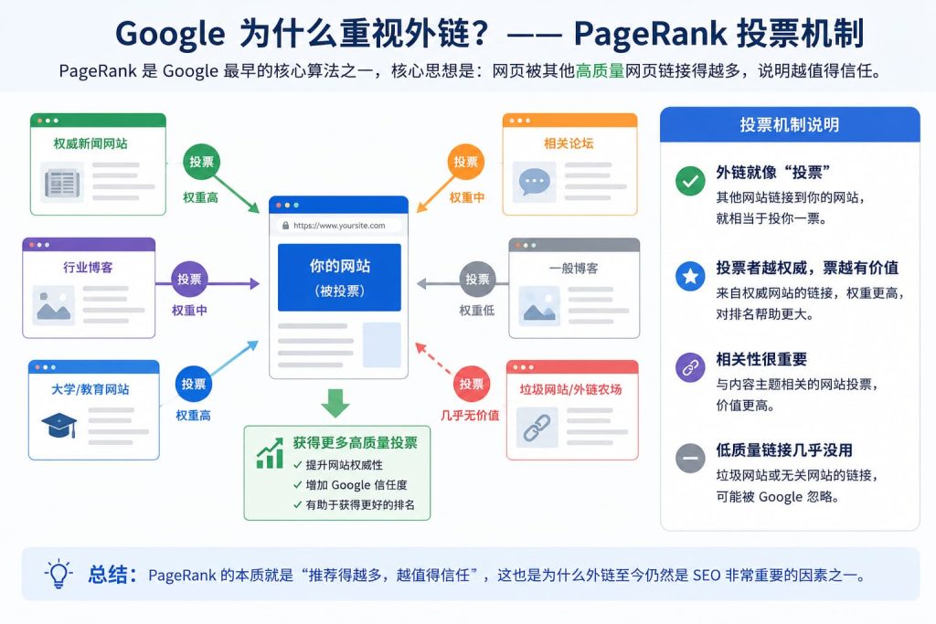 Google PageRank 投票机制示意图：高质量网站的外链相当于高价值投票，有助于提升网站权威性和搜索排名